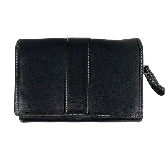 Coach Black Leather Bifold Wallet Snap Closure L Zip Coin Slot Bills Cards - Picture 1 of 7